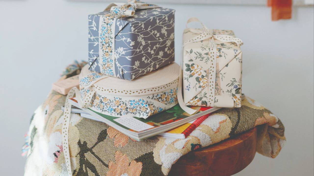 Gifts wrapped in hand-designed patterned paper