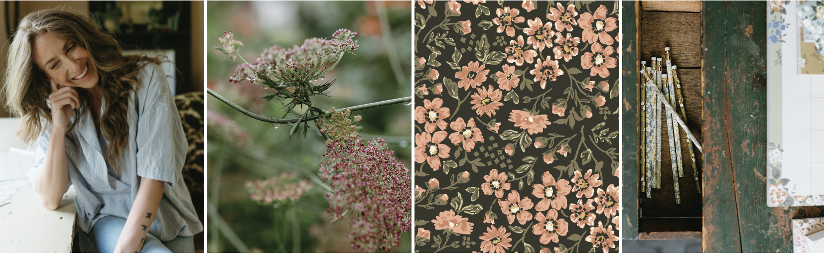 Bonnie laughing in the studio, wildflowers, a floral pattern and patterned pencils