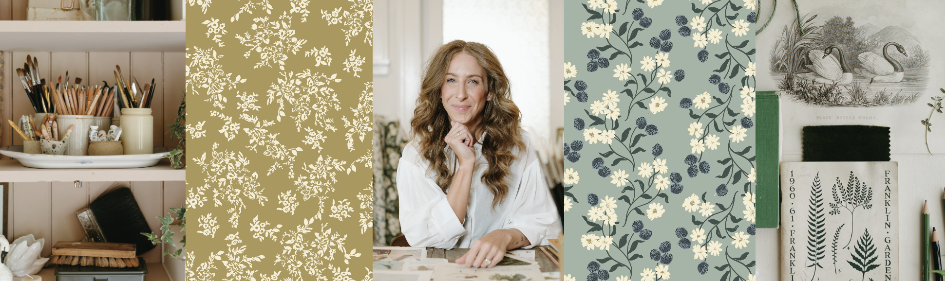 Bonnie Christine in her studio with her fabric patterns