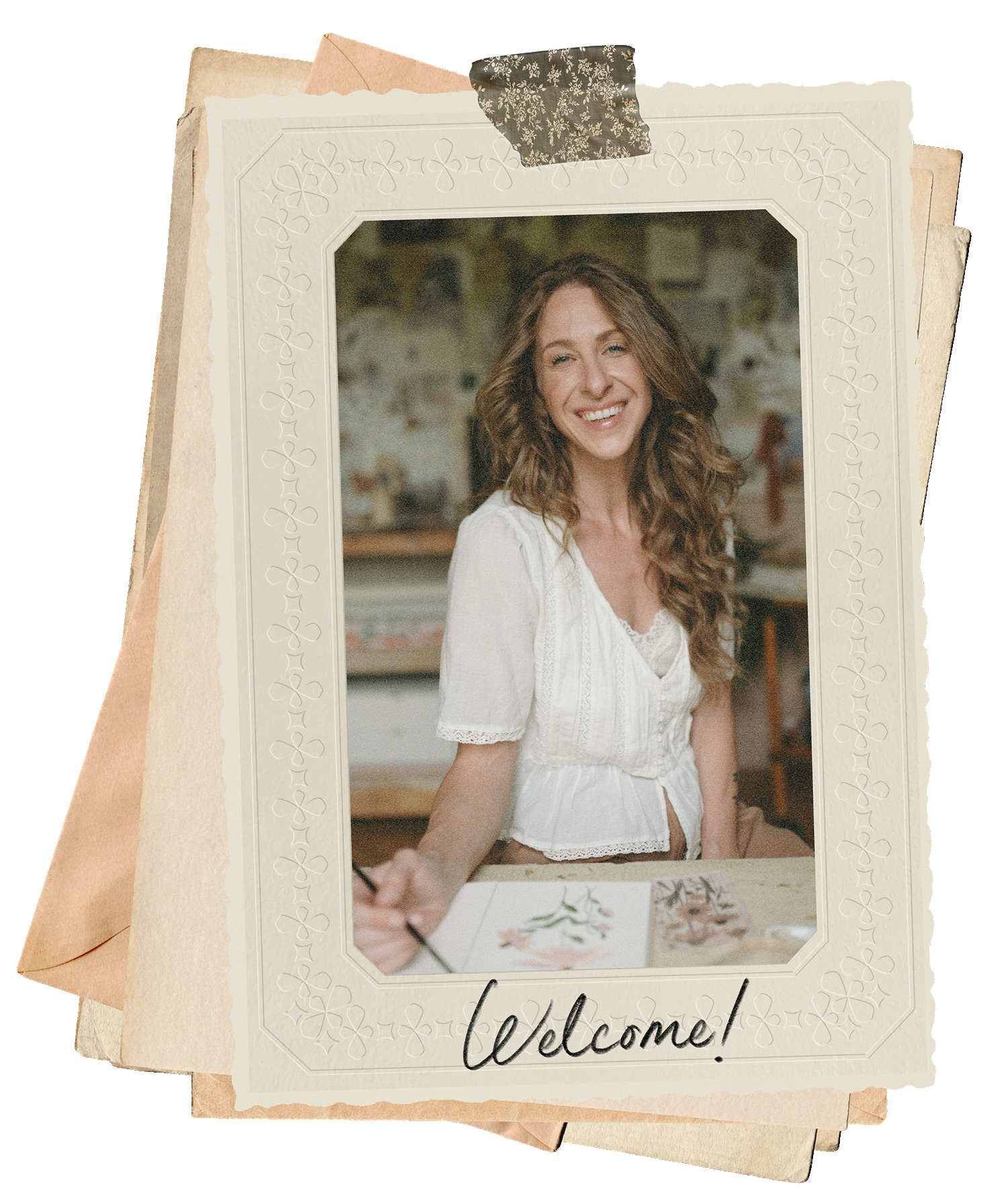 Bonnie Christine at her studio table, with a handwritten welcome