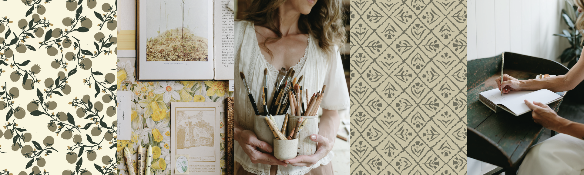 Brushes, vintage botanical prints and pattern swatches