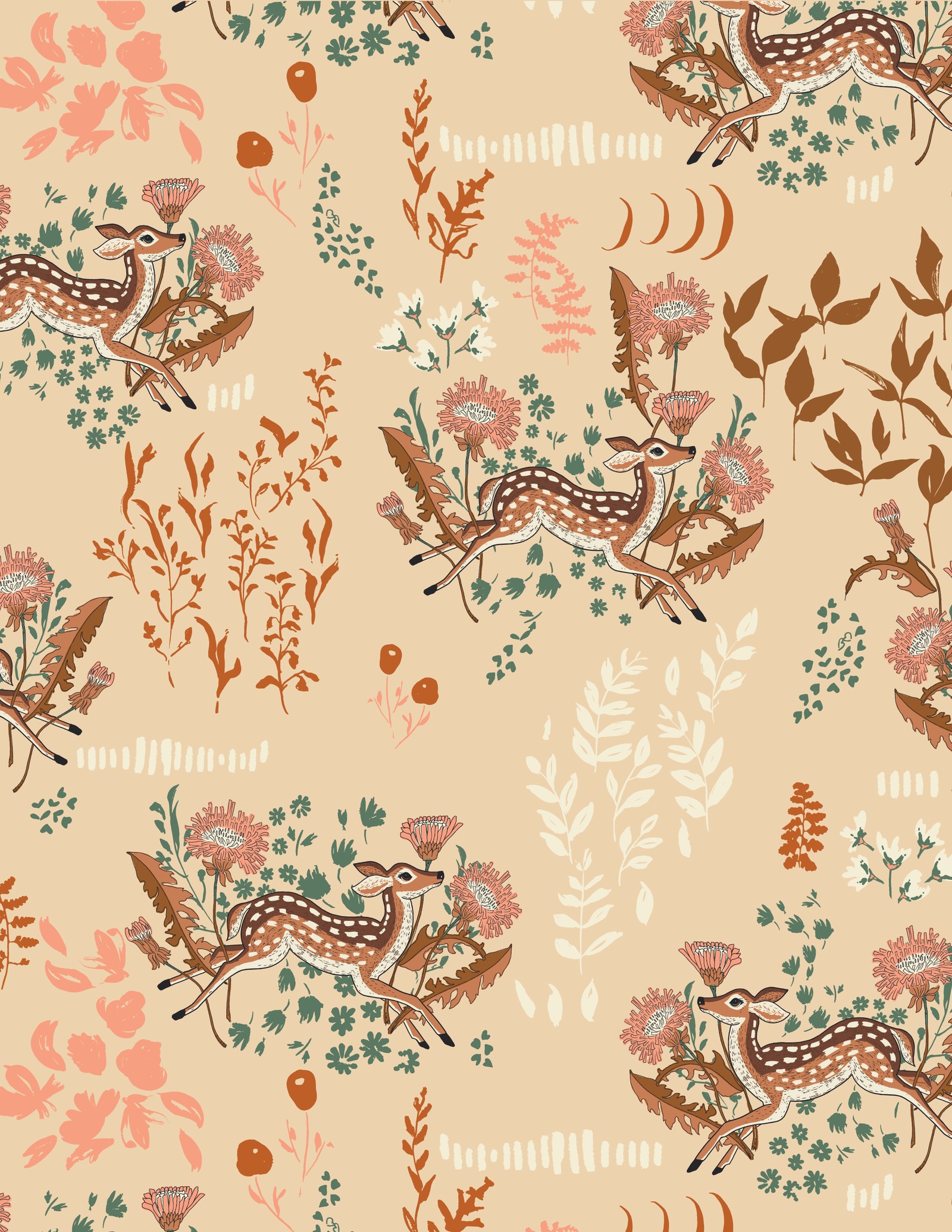 A Wild Forgotten print: a doe among autumn foliage and handwritten words on a peach ground