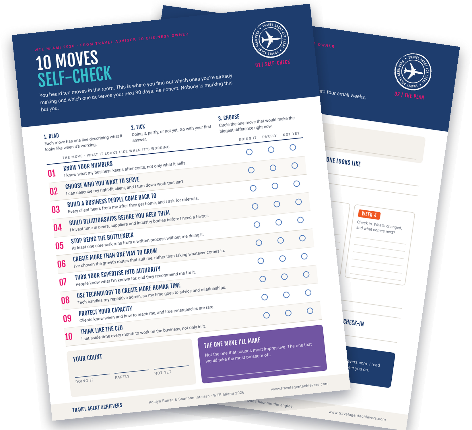 The 10 Moves Self-Check and 30-Day Planner, two pages fanned out