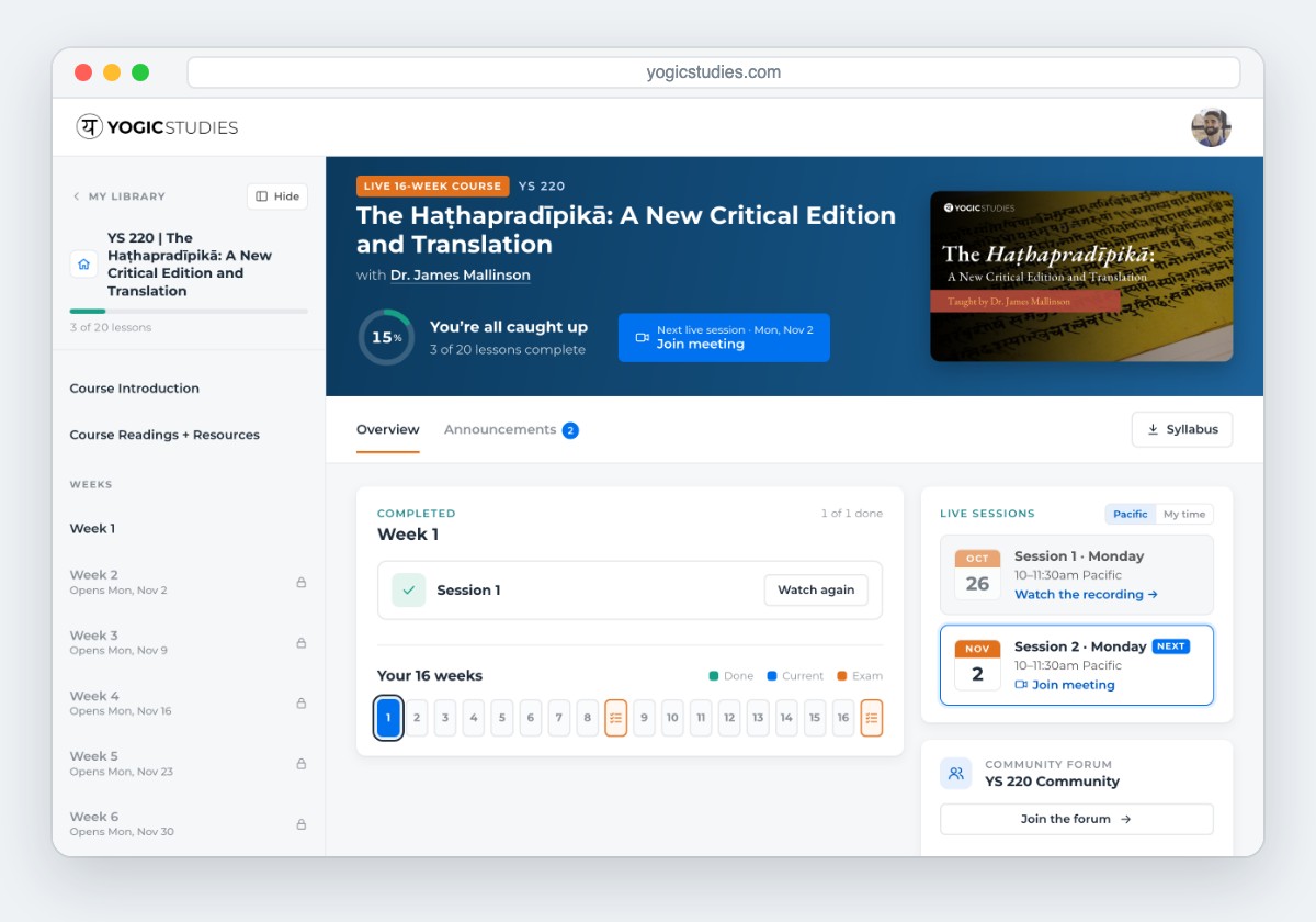 The new course home page for YS 220