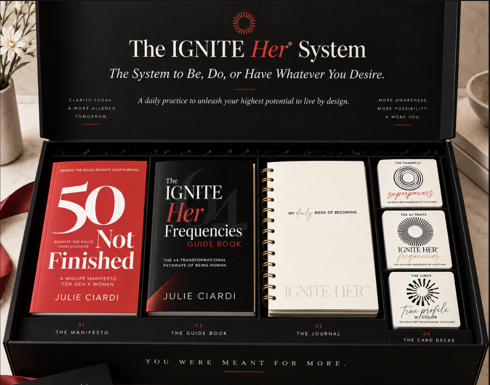 The IGNITE Her System box: 50 Not Finished, the IGNITE Her Frequencies Guidebook, My Daily Book of Becoming journal and the card decks