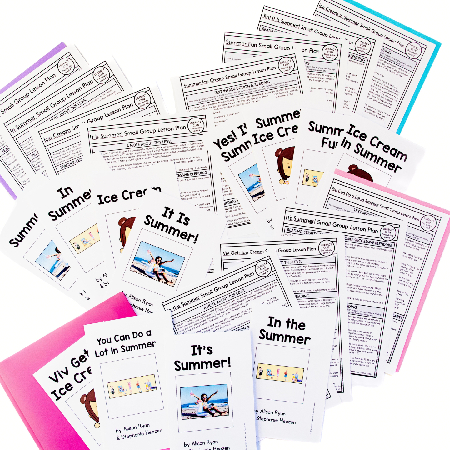 Sample decodable readers, lesson plans, and assessments included in the program, with multiple difficulty levels to support differentiated kindergarten reading instruction.