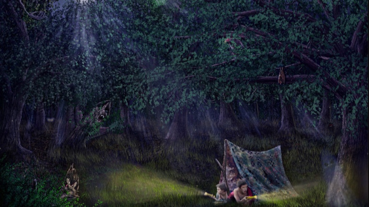 Painting of boys scared camping in the dark
