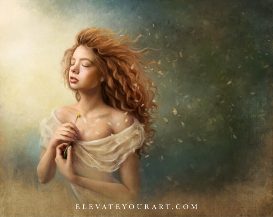 Painting of young woman holding flower