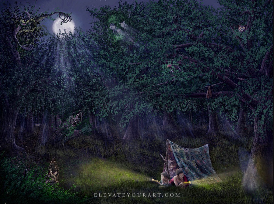 Painting of boys scared camping in the dark