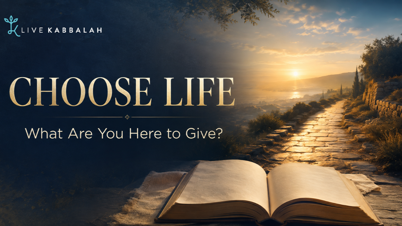 An open sacred book beside a golden path at sunrise, with the words Choose Life: What Are You Here to Give?
