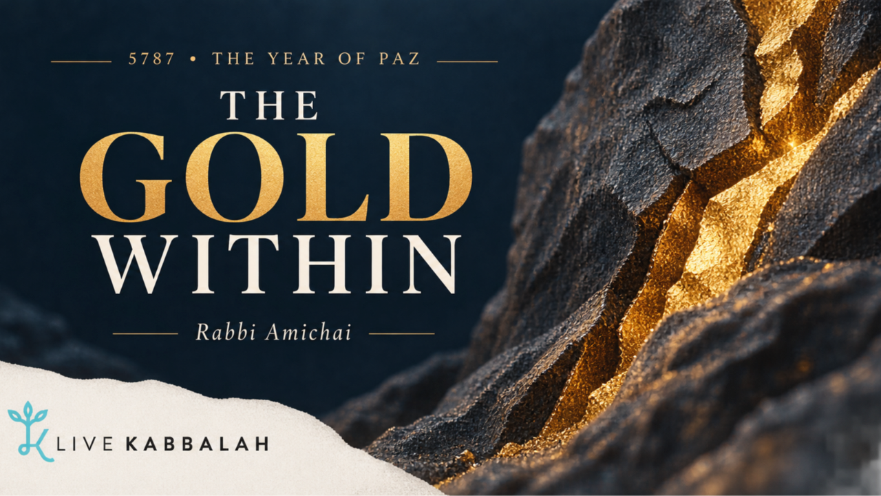 A vein of gold within dark stone beside the title The Gold Within, 5787: The Year of Paz, by Rabbi Amichai.