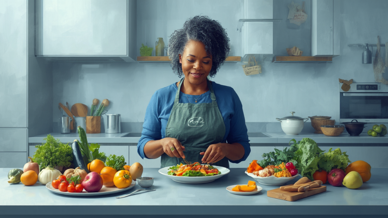 Black senior woman aged 65-75 preparing a colorful MIND Diet meal in a modern kitchen. Fresh blueberries, spinach, salmon, walnuts, olive oil, and whole grains are beautifully arranged on the countertop