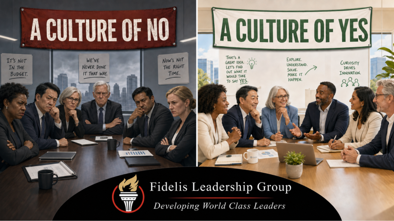 Split image contrasting leadership styles: one side shows an executive team in a “Culture of No” rejecting ideas, the other shows a collaborative leadership team in a “Culture of Yes” encouraging innovation and leadership development.