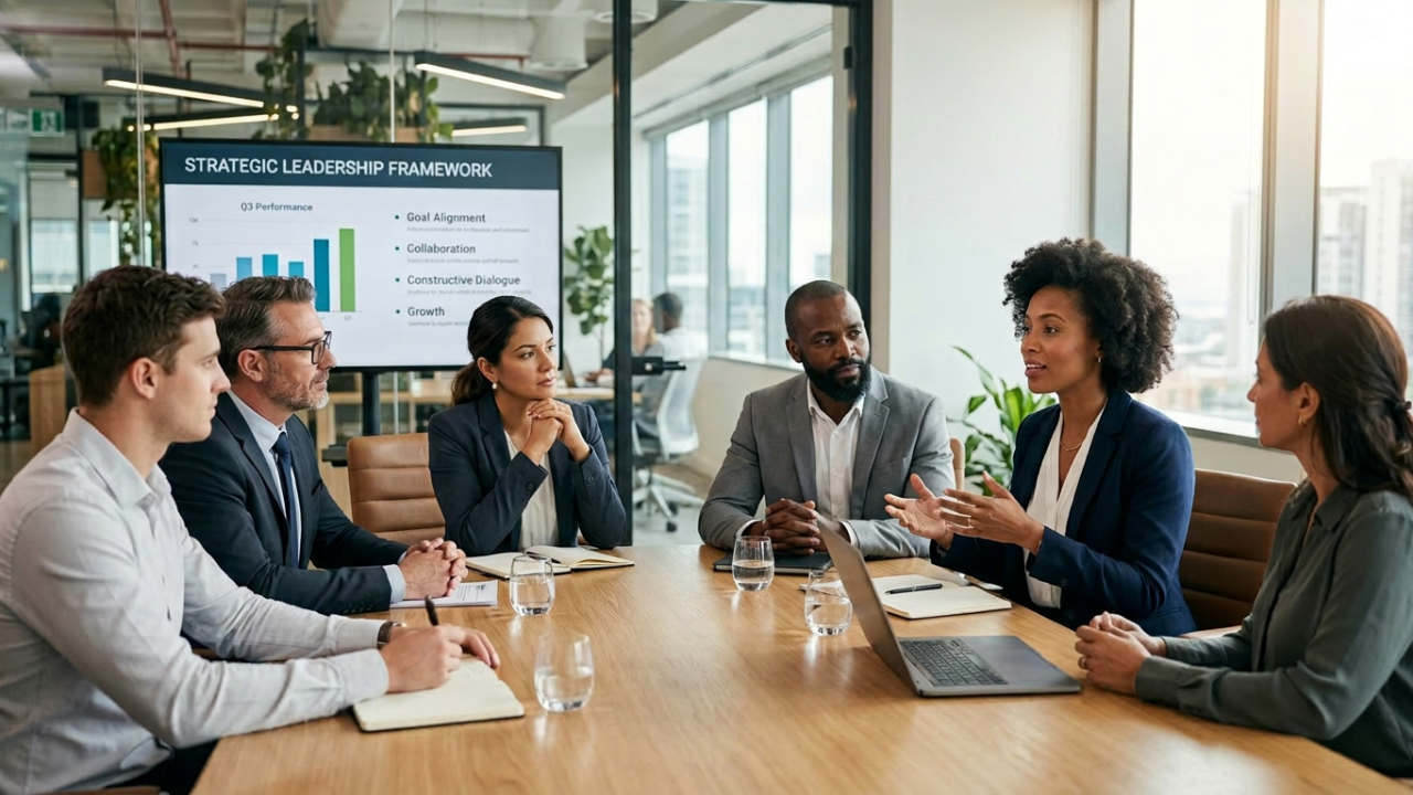 Diverse business professionals in a leadership meeting discussing strategy, collaboration, and leadership development in a modern conference room.