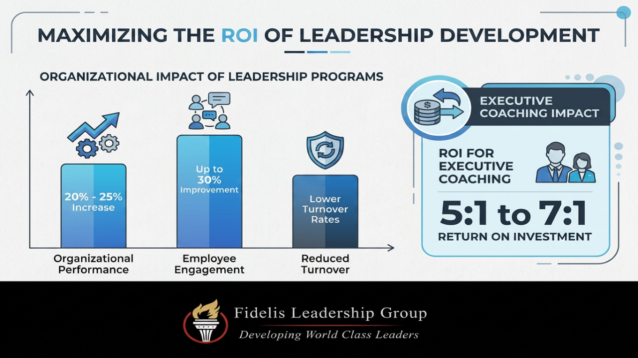 Infographic titled “Maximizing the ROI of Leadership Development” showing a bar chart with a 20–25% increase in organizational performance, up to 30% improvement in employee engagement, reduced turnover rates, and a highlighted box noting executive coaching delivers a 5:1 to 7:1 return on investment.