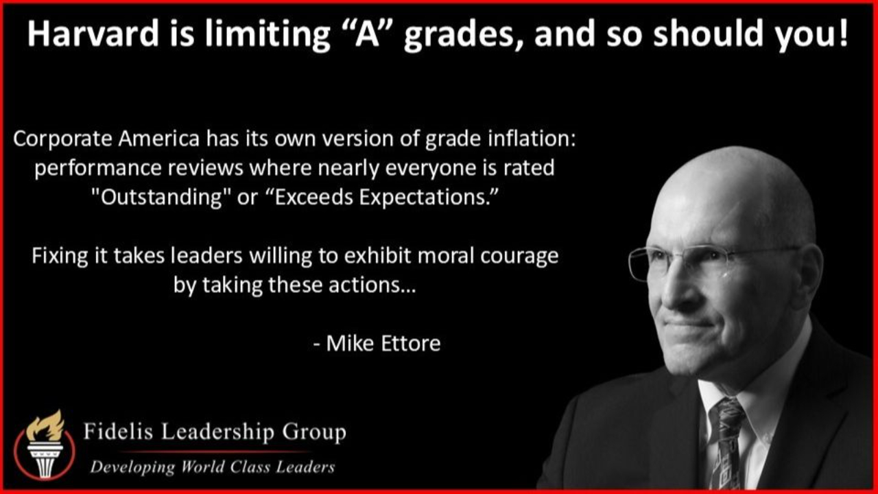 Graphic featuring leadership commentary on grade inflation in corporate America, highlighting leadership development lessons on performance standards and accountability, with a professional portrait of Mike Ettore and Fidelis Leadership Group branding.