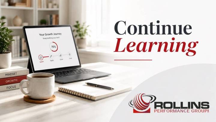 Continue Learning graphic with laptop, books, and Rollins Performance Group logo