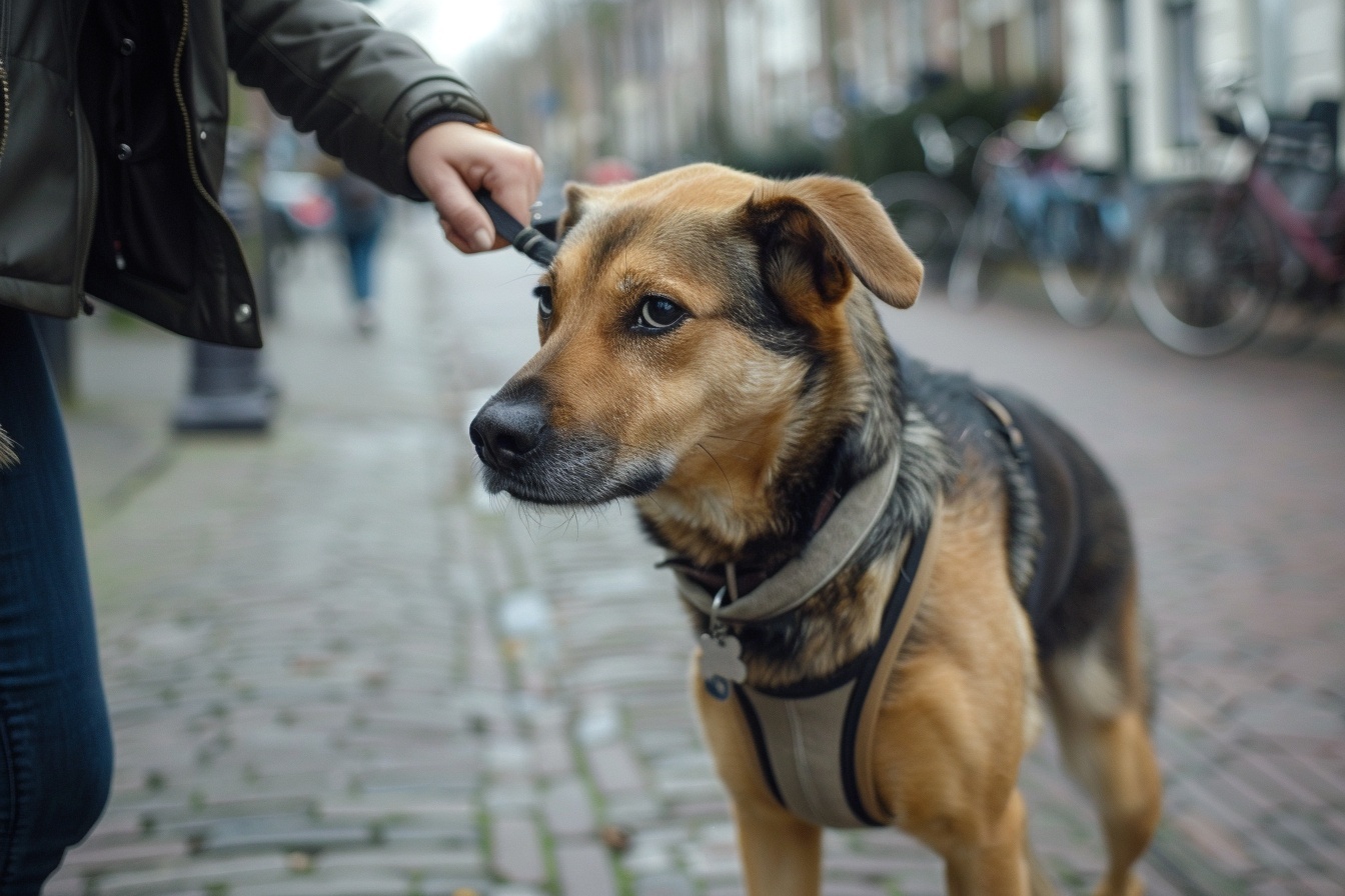 Hond aan de lijn op straat