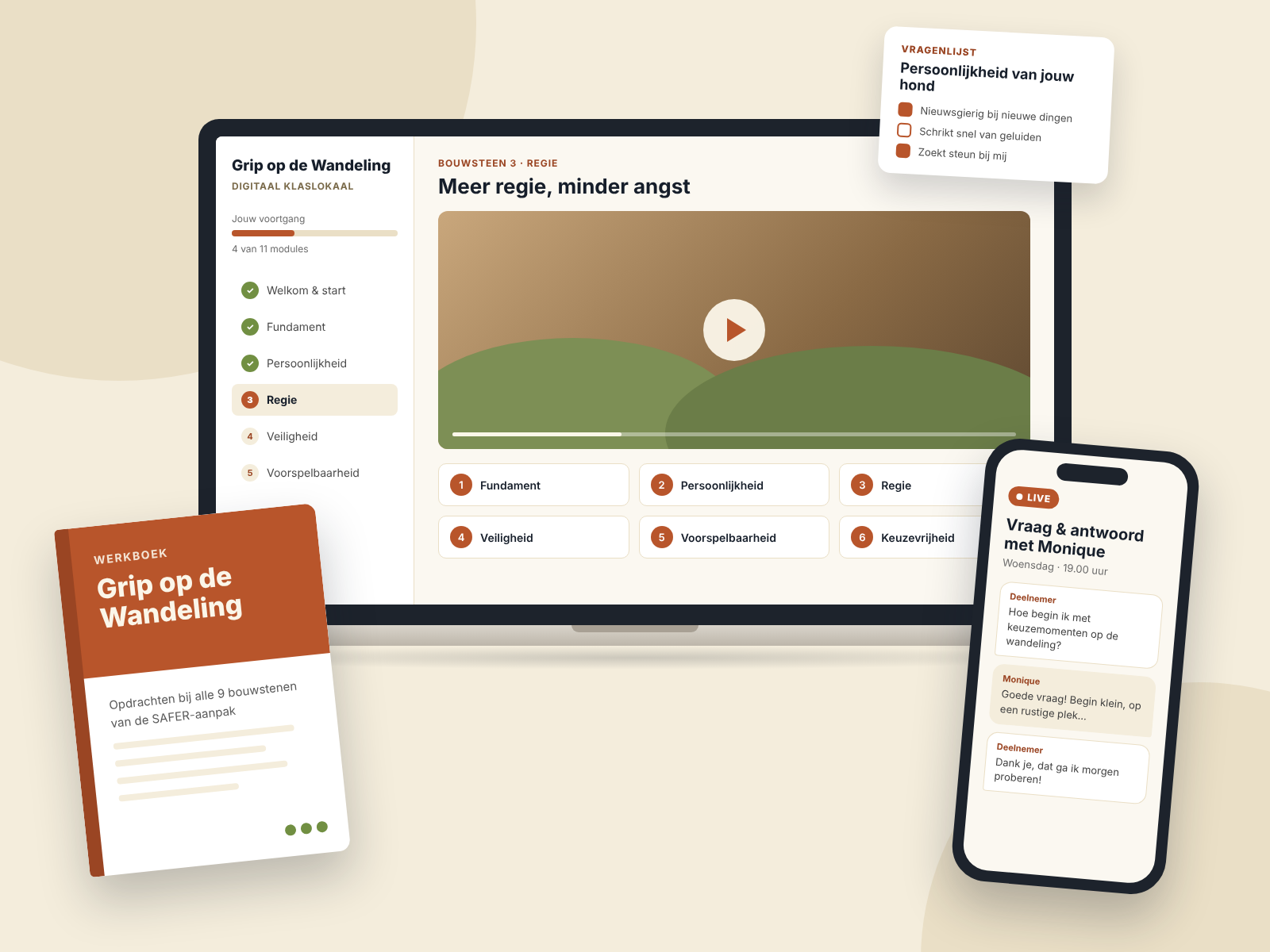 Mockup van het lesprogramma Grip op de Wandeling: klaslokaal, werkboek en live sessie