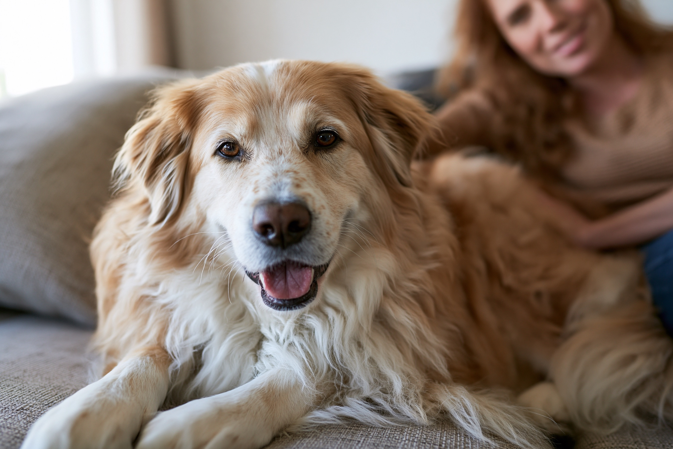 PLAATS HIER: rustige, hoopvolle foto van eigenaar en hond samen, ontspannen - Midjourney prompt 5