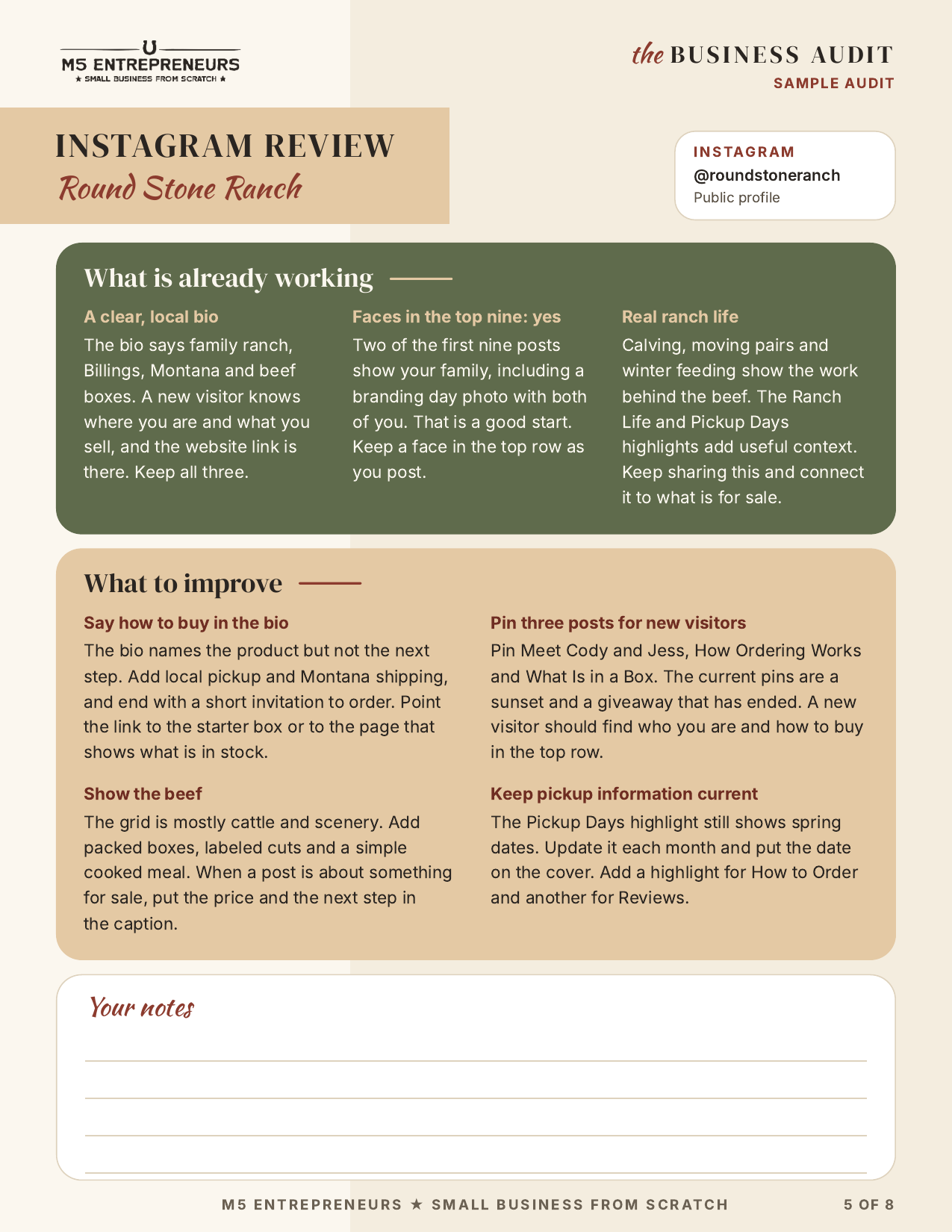 Instagram review page of the Round Stone Ranch sample audit