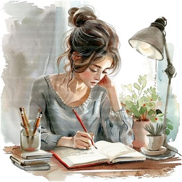 Ilustración poética original de una mujer escribiendo