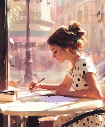 Ilustración poética original de una mujer escribiendo