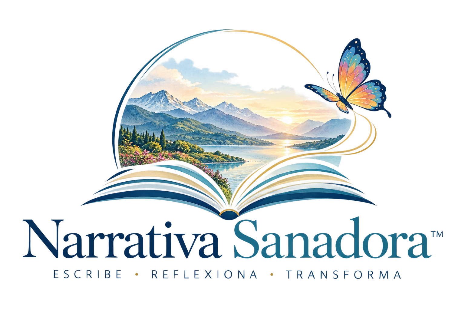 Logotipo Narrativa Sanadora: libro abierto, montañas y mariposa de colores