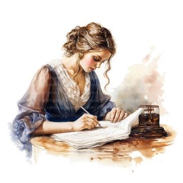 Ilustración poética original de una mujer escribiendo