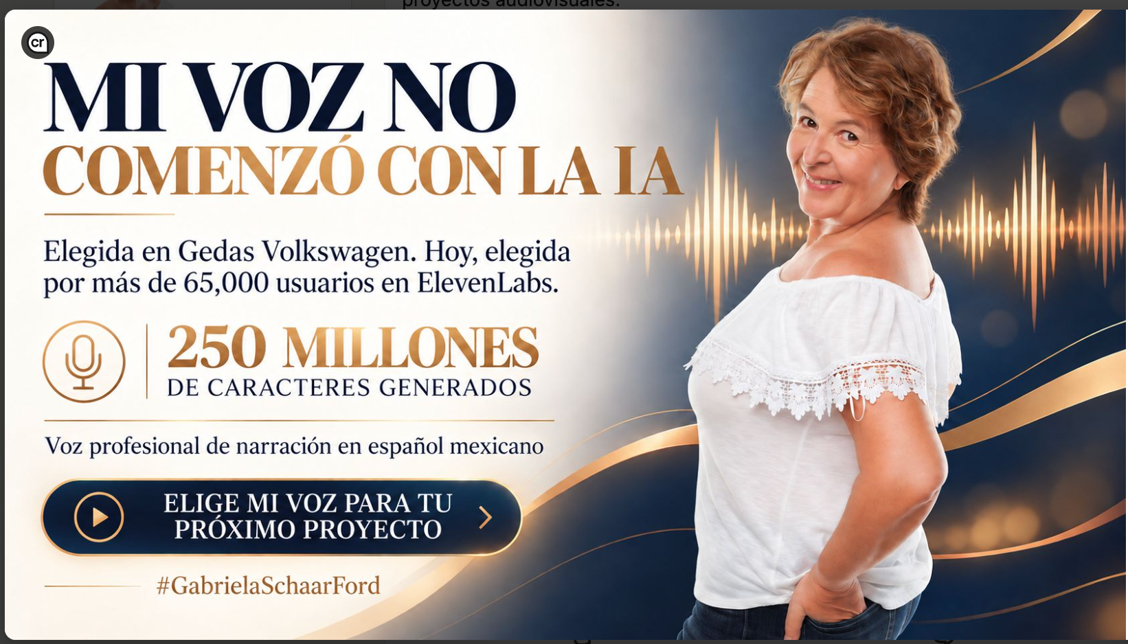 Banner original Mi voz no comenzó con la IA de Gabriela Schaar Ford