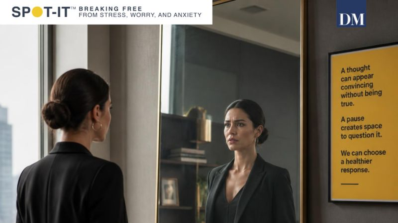 Woman looking at her reflection in a mirror beside a Spot-It™ poster reading "A thought can appear convincing without being true," representing the Why Not Spot-It LinkedIn post on questioning unhelpful thoughts
