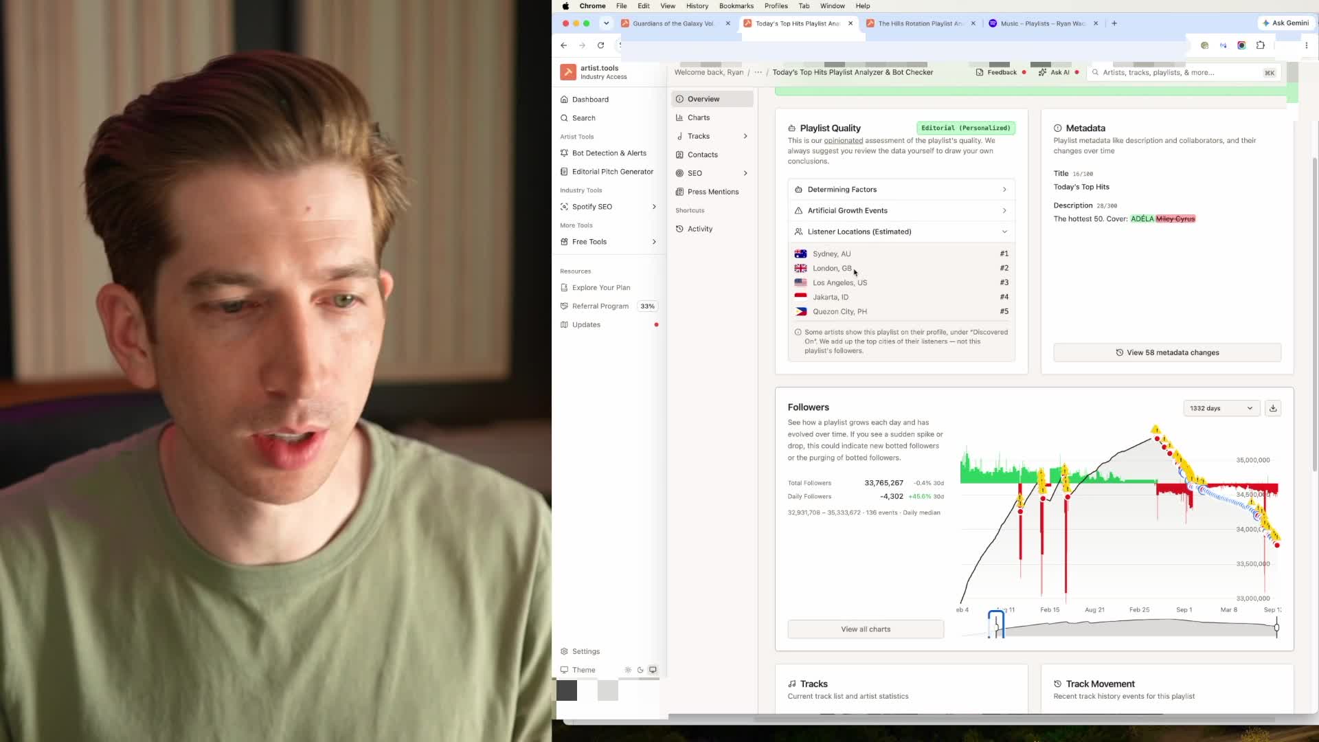 Ryan comparing the historical follower graph for Today&rsquo;s Top Hits