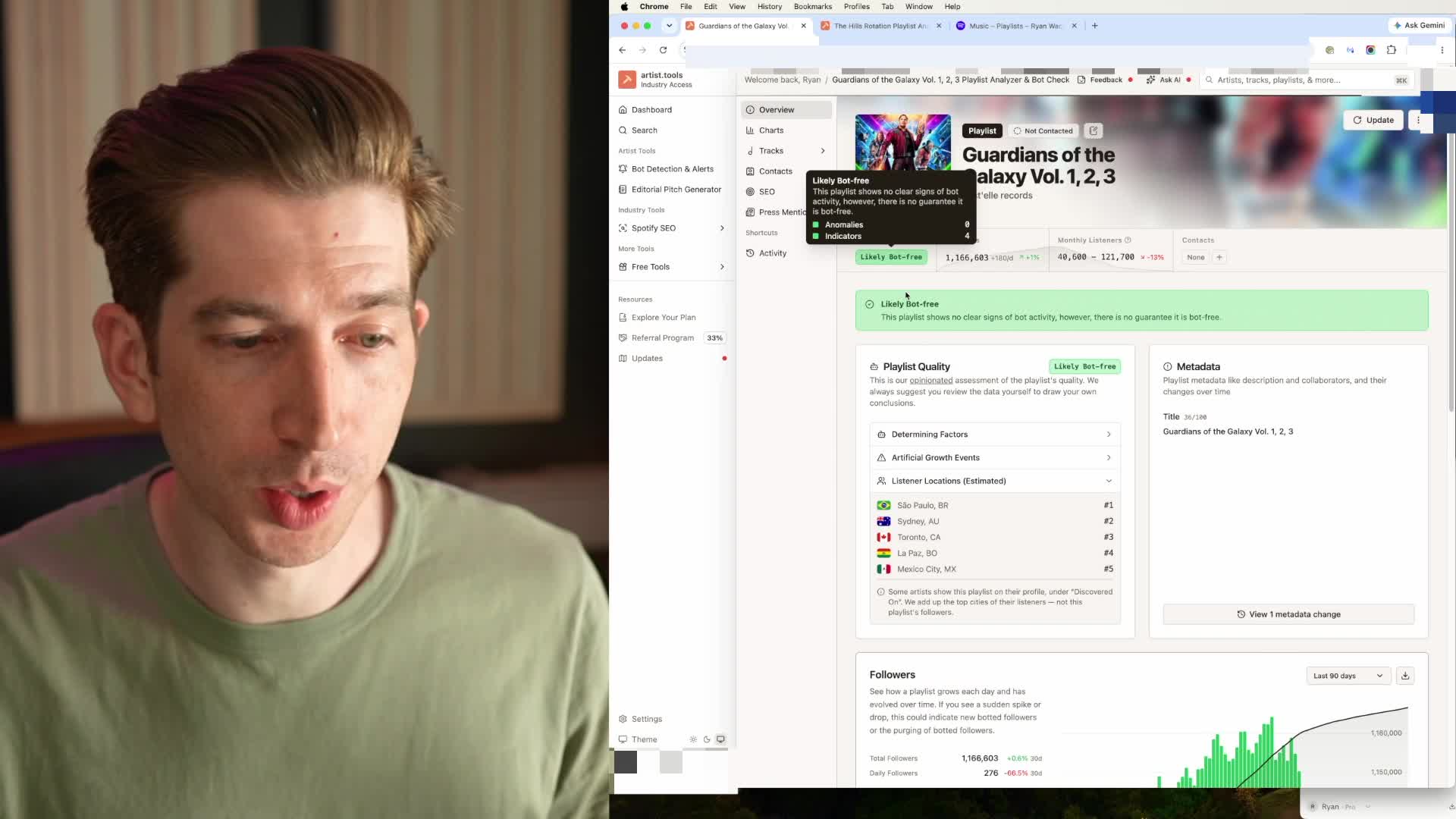 Ryan reviewing the Guardians of the Galaxy playlist report in artist.tools
