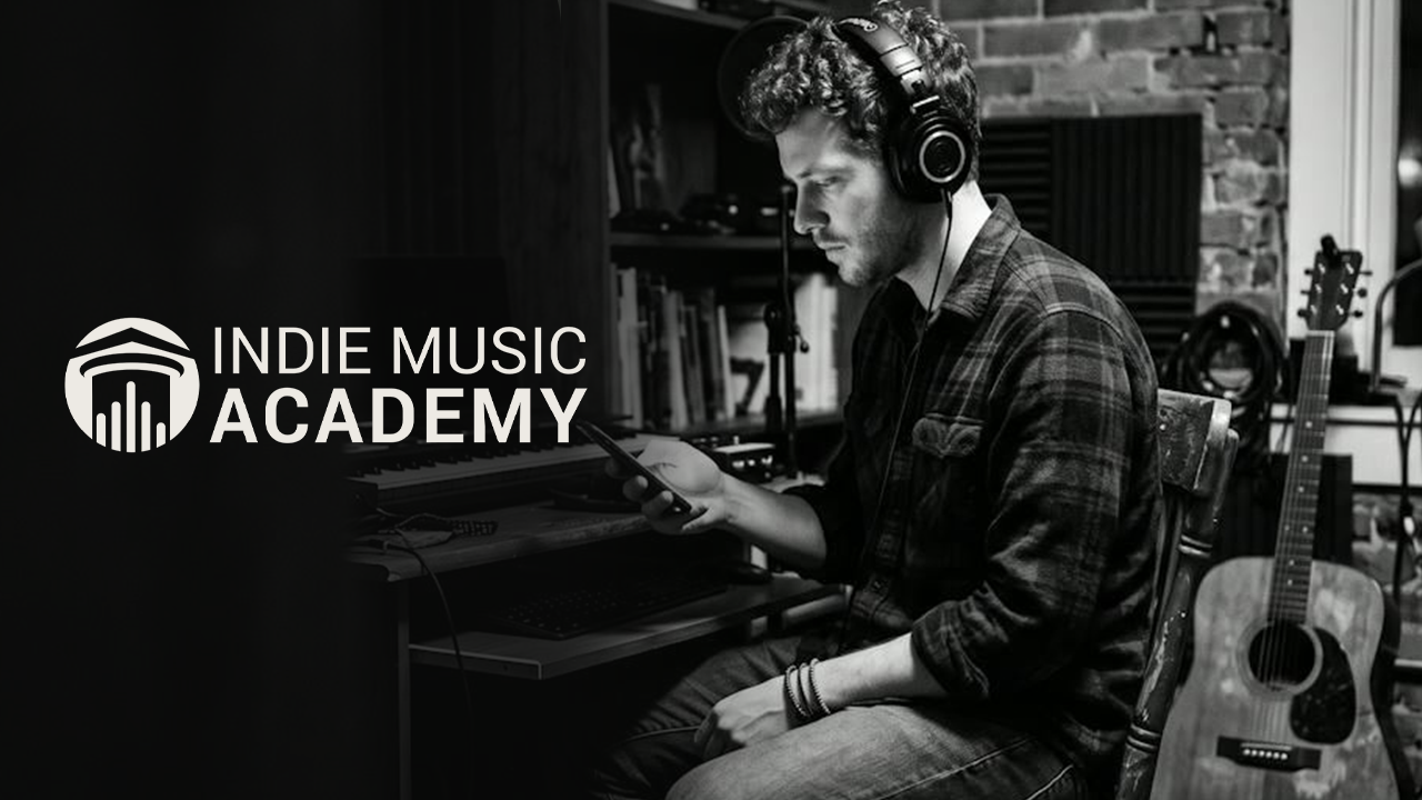 Indie Music Academy — musician listening with headphones in a recording studio