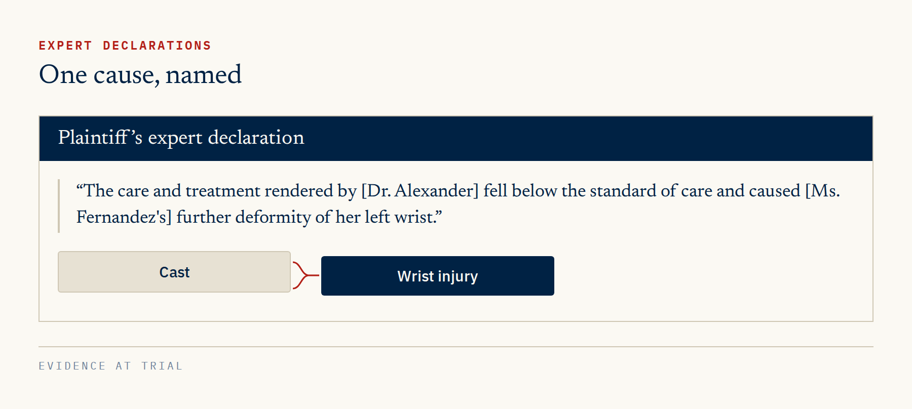 The plaintiff's expert declaration names one cause of the wrist injury