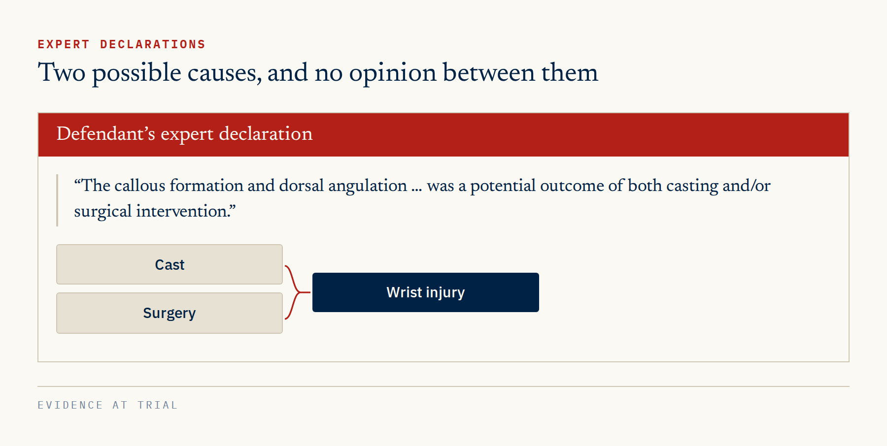 The defendant's expert declaration names two possible causes of the wrist injury and chooses between neither
