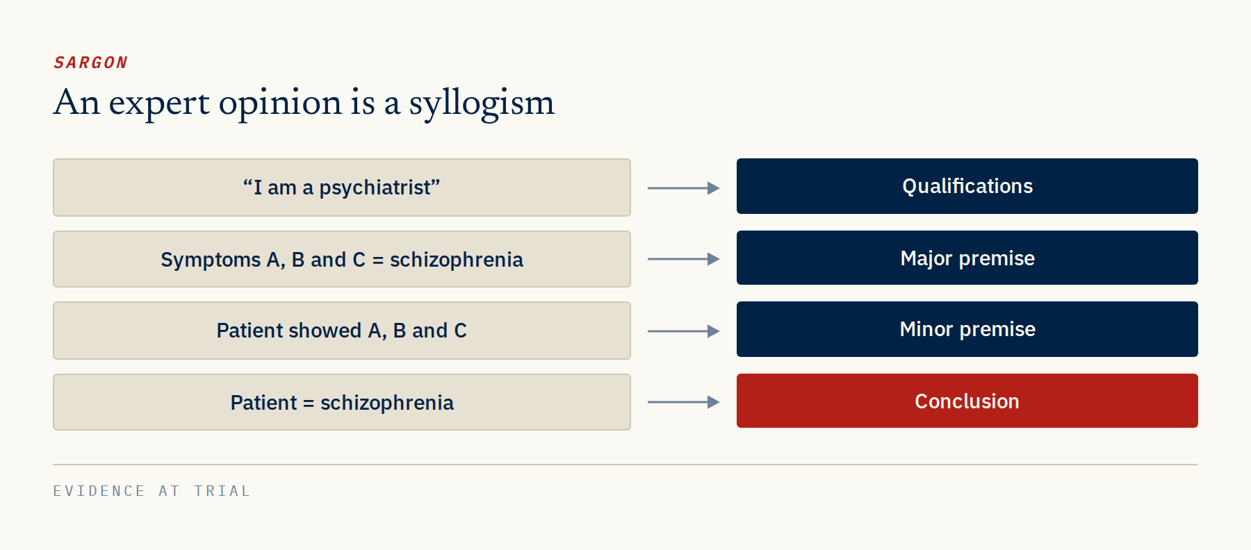 An expert opinion set out as a syllogism: qualifications, major premise, minor premise, conclusion