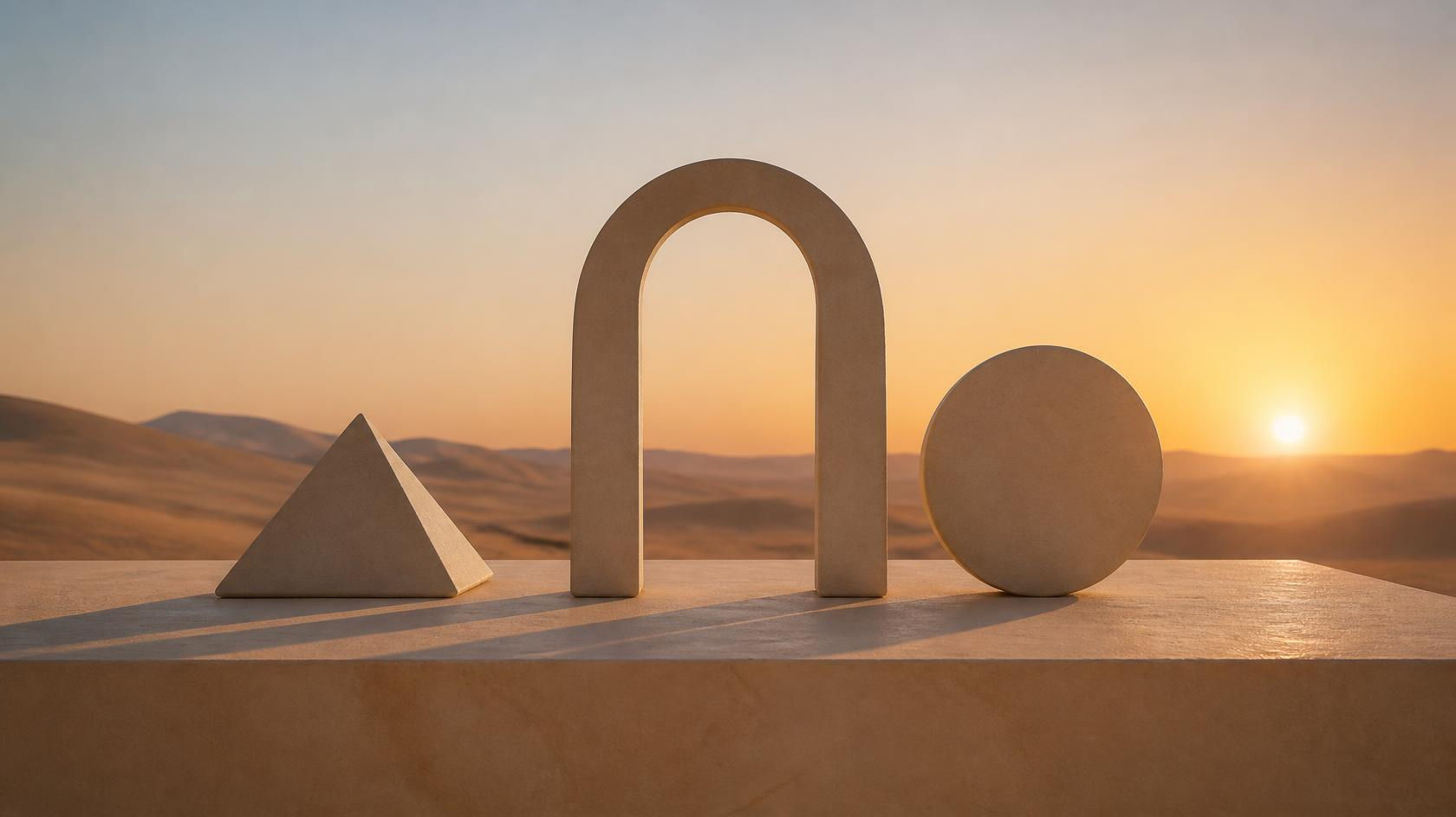 A plaster pyramid, arch and disc on a plinth above desert dunes at sunset.