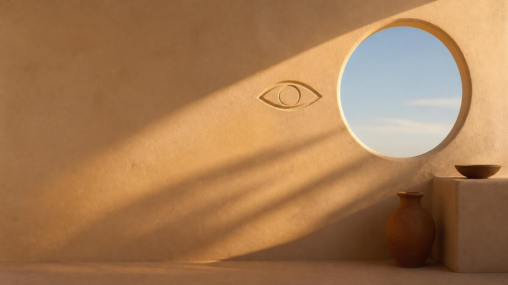 A warm plaster wall at golden hour with a carved eye and a round window open to the sky.