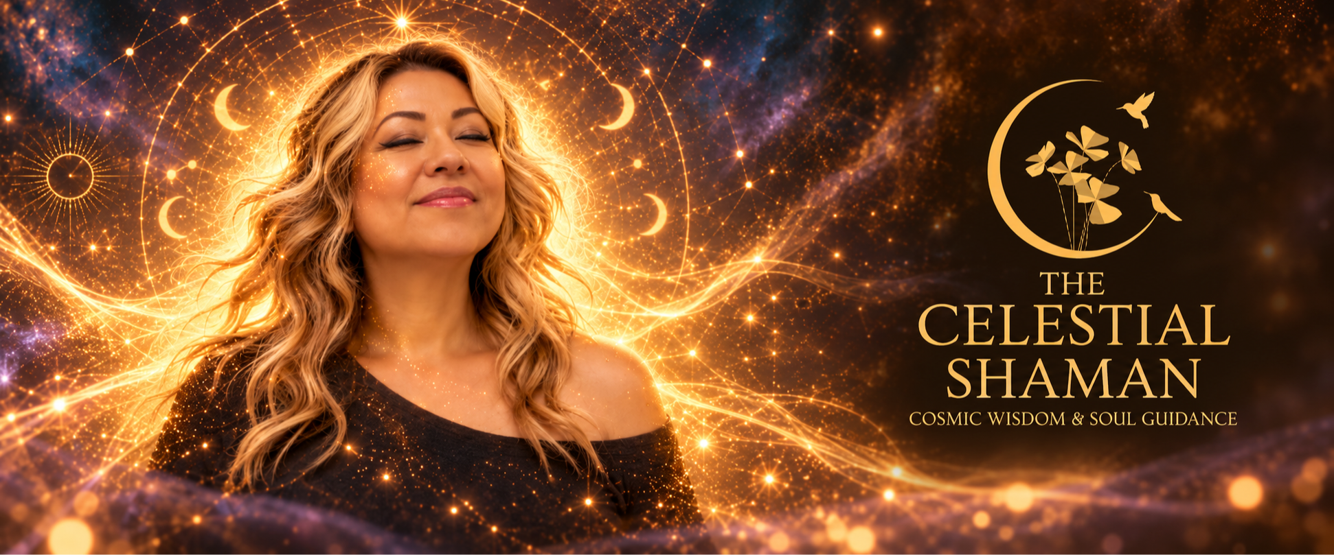 Frankie beside The Celestial Shaman logo, with golden stars, a crescent moon, and the tagline Cosmic Wisdom & Soul Guidance