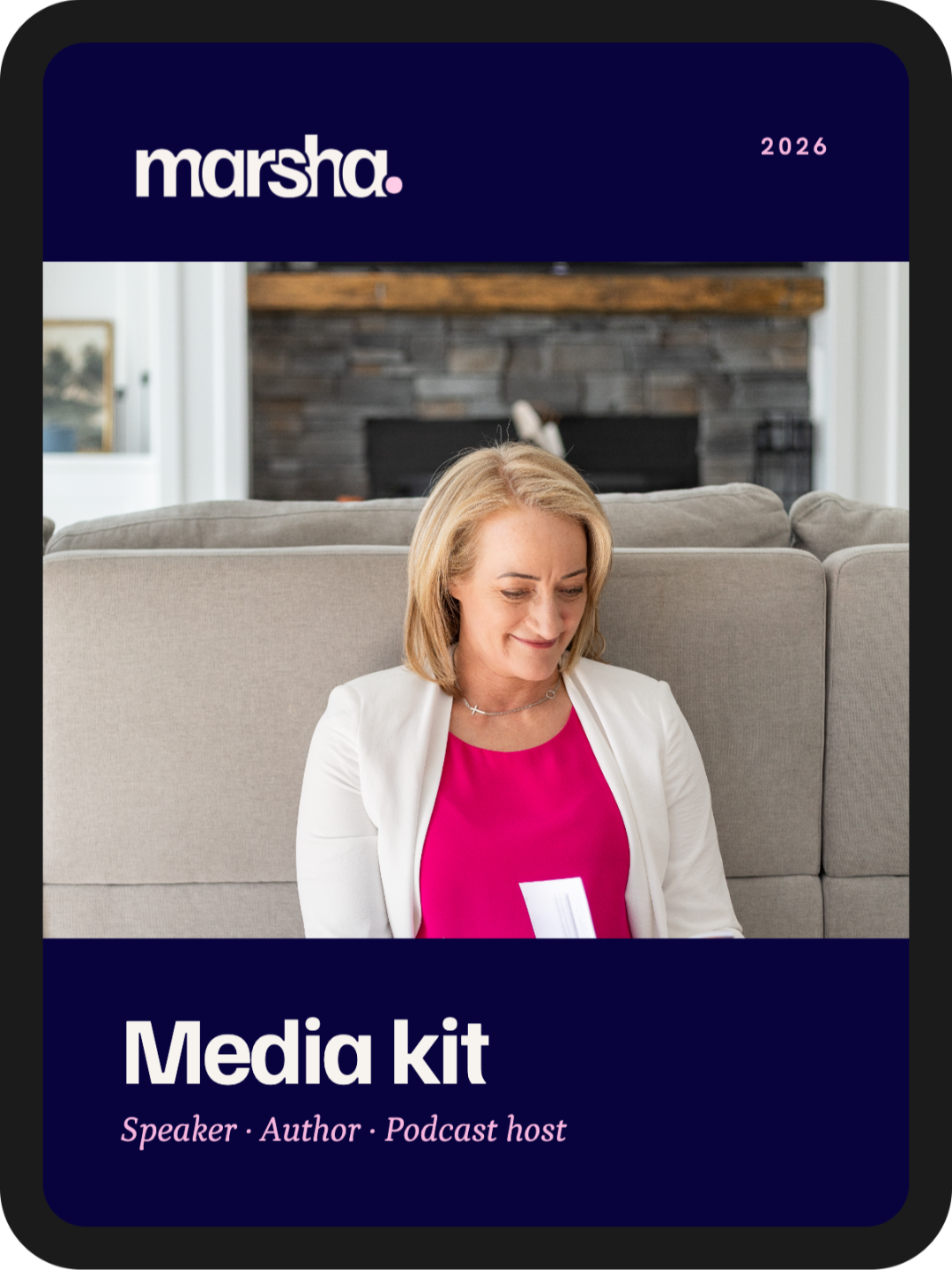 Tablet showing the cover of Marsha's 2026 media kit for speaker, author and podcast host bookings