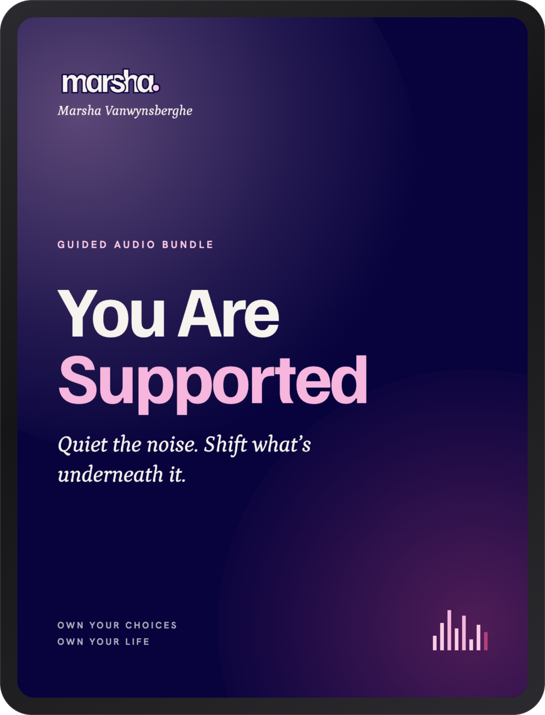 Tablet displaying the cover of the You Are Supported guided audio bundle