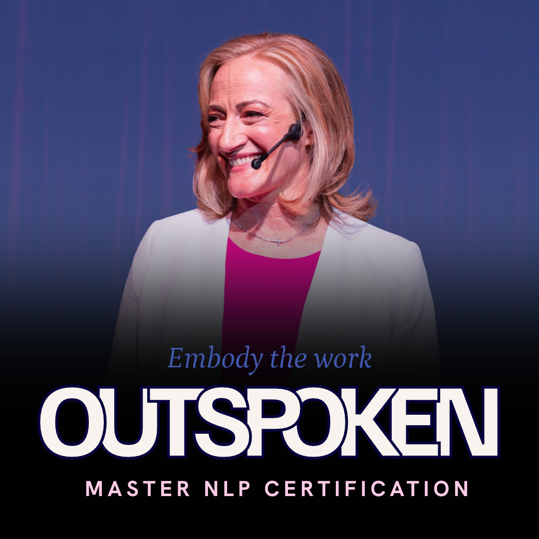 Outspoken Master NLP Certification graphic of Marsha speaking on stage with a headset microphone and the words Embody the work