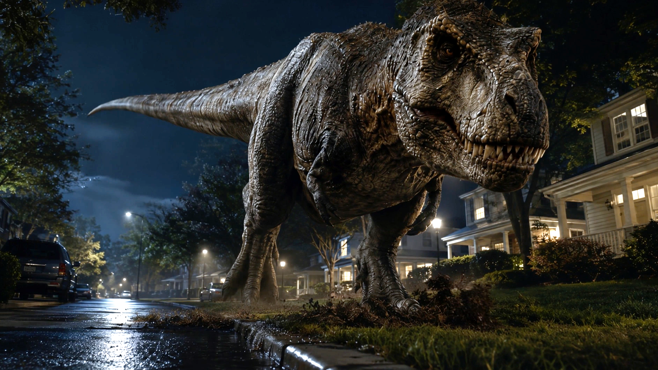 AI-generated cinematic Tyrannosaurus rex on a suburban street at night