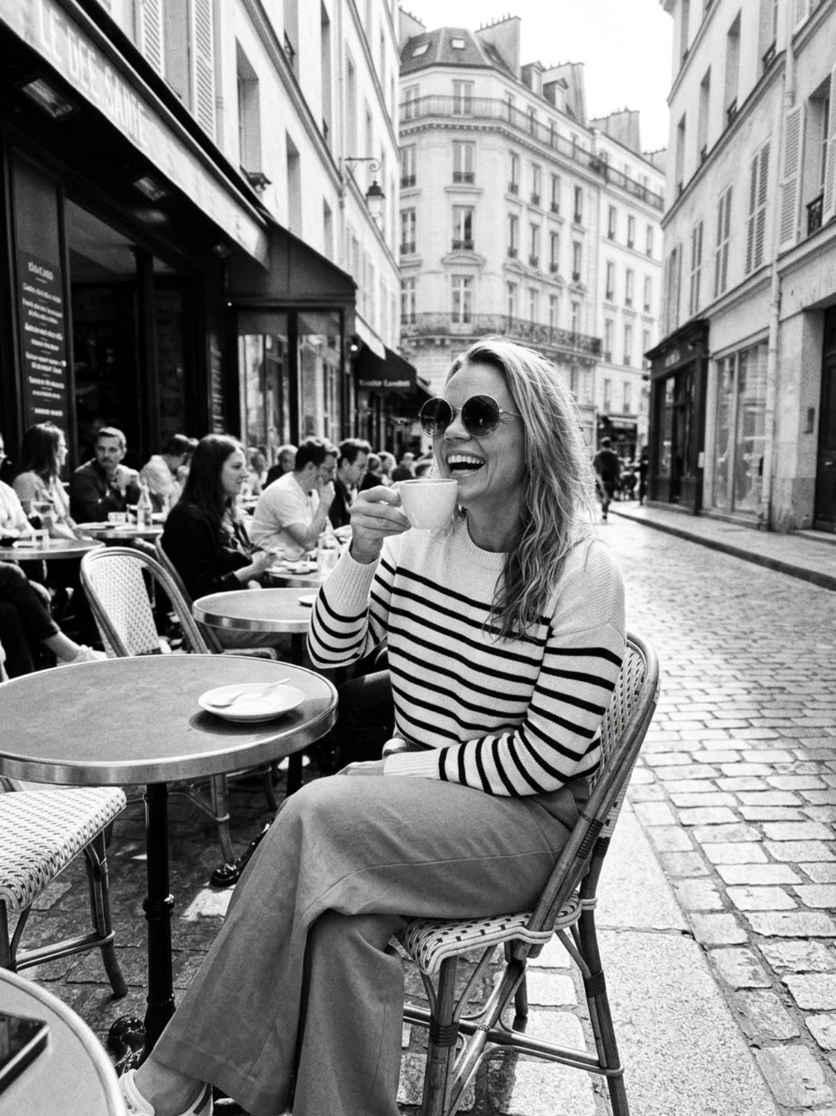 Alicia laughing with an espresso at a Paris cafe