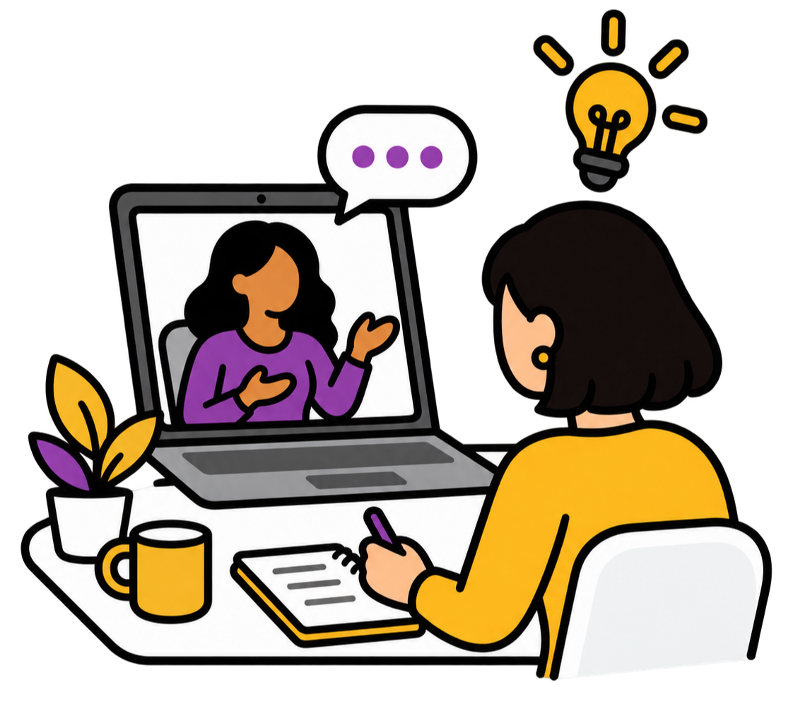 Illustration of a one-to-one CliftonStrengths coaching session held online
