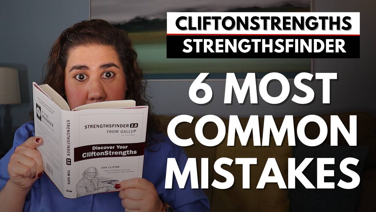 Video thumbnail: CliftonStrengths StrengthsFinder, 6 Most Common Mistakes. Elvira Marie Chang holding a copy of StrengthsFinder 2.0.