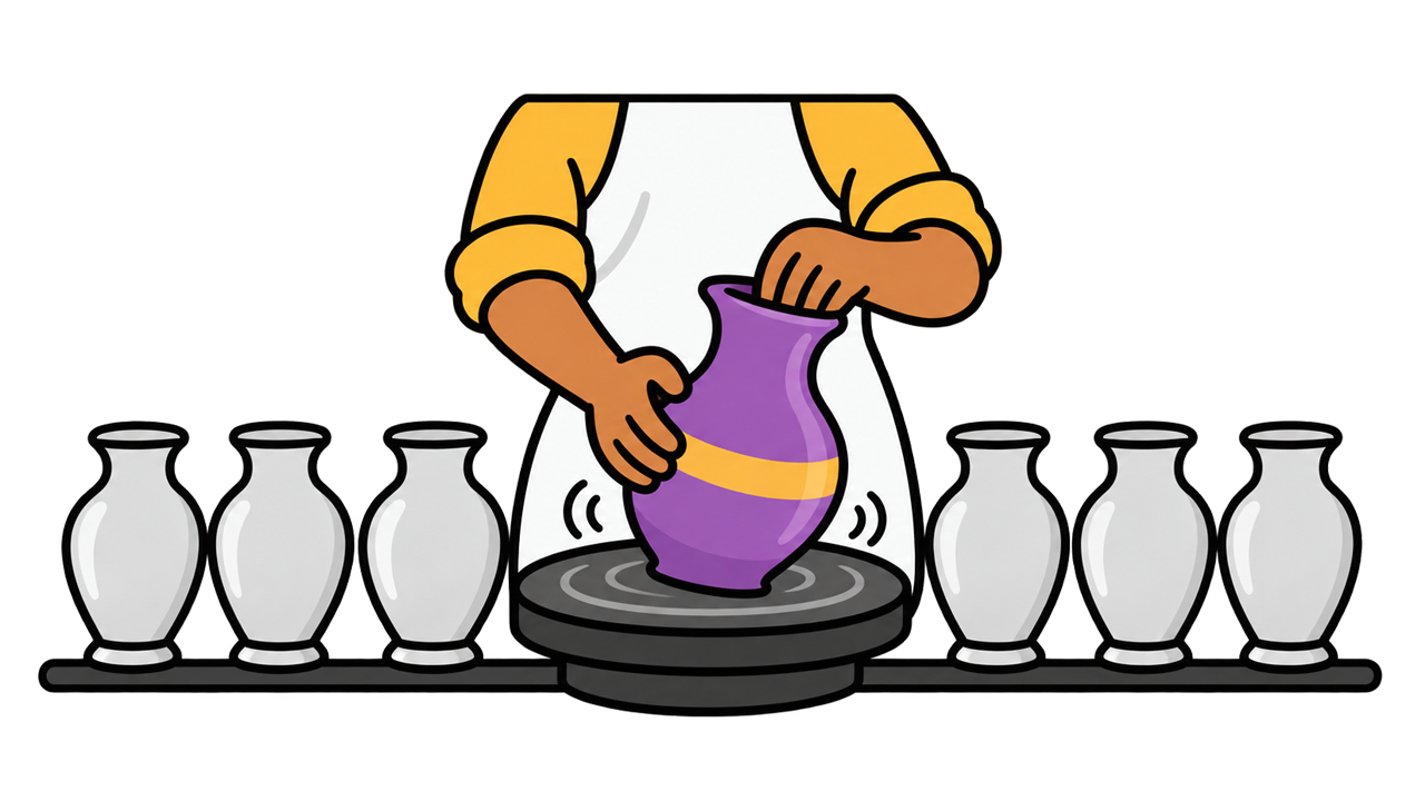 Hands shaping a purple vase with a gold band on a potter’s wheel, between rows of identical grey vases.