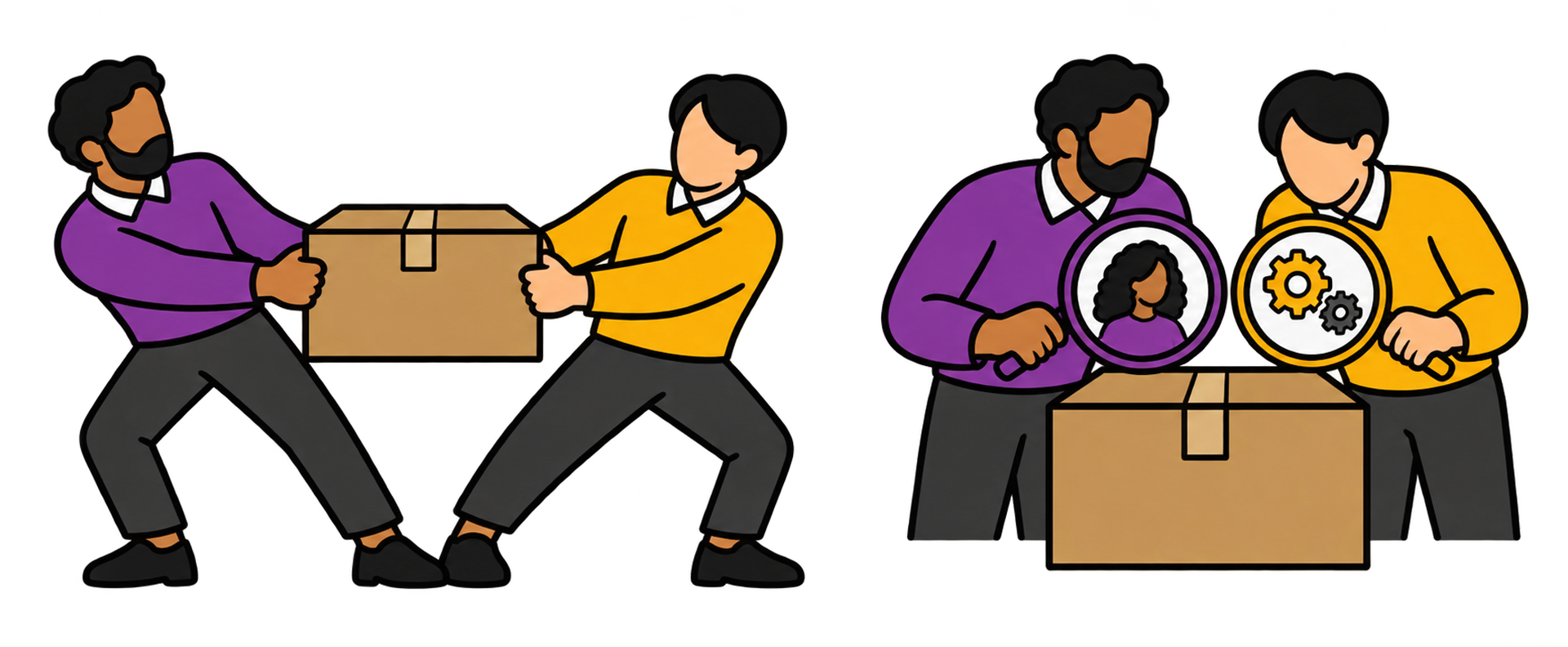 Two coworkers pull a box in opposite directions. Side by side, they look at it through two lenses: one shows a customer, the other gears.