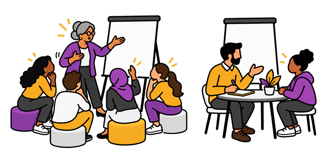 Two teachers with the same blank flip chart. One leads a lively group discussion. The other talks quietly with one student.
